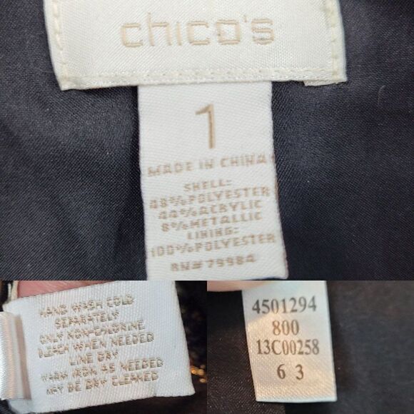 Chico's Boucle Tweed Blazer Size 1 M Black Gold Metallic Striped Chain Trim - Picture 3 of 12